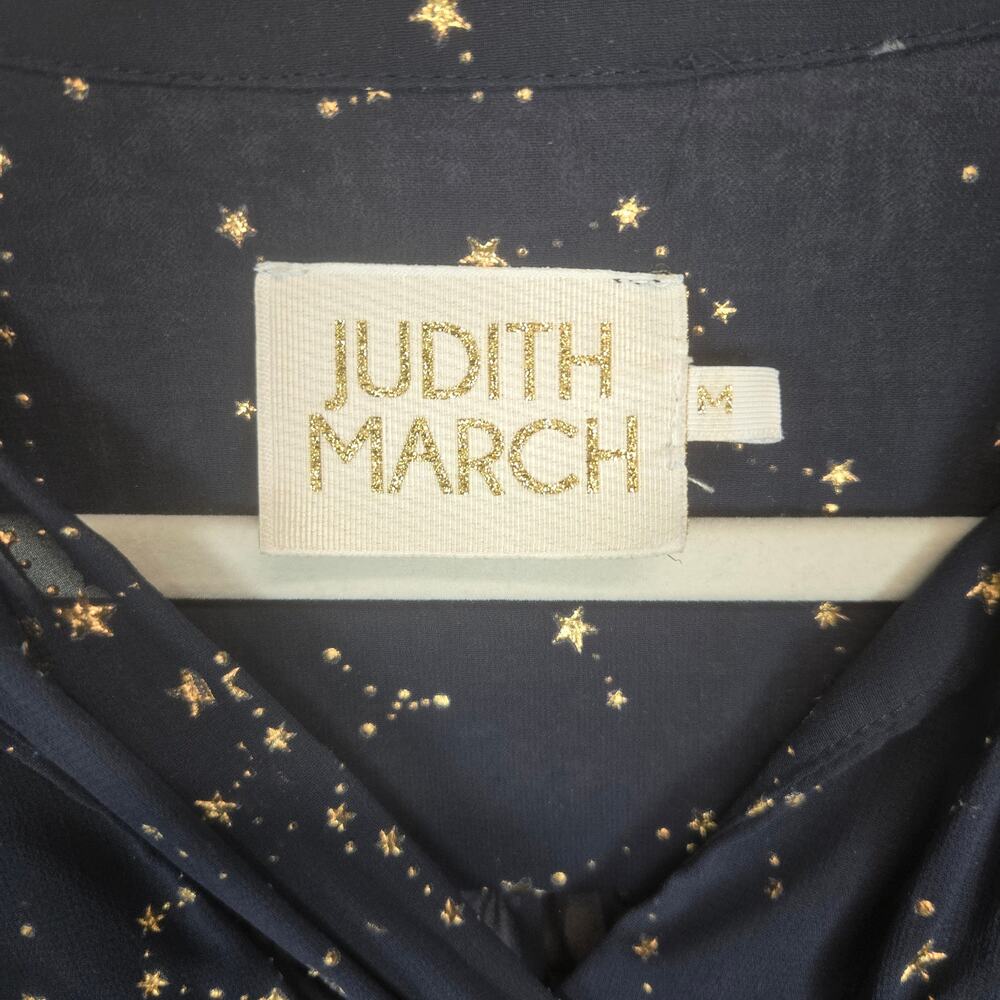 Judith March Navy Blue Gold Star Blouse M Tie Sash Puff Sleeve Flare French Cuff - Picture 6 of 12